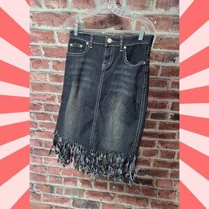Vintage Y2K NO FUZE Frayed Hem Denim Skirt – Women’s 9/10 Stretch Jean Skirt